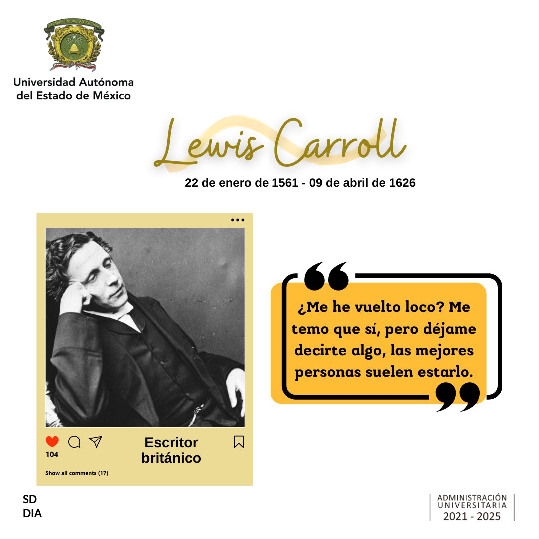 DEAC_UAEMX's tweet photo. El 27 de enero de 1832, nace Charles Lutwidge Dodgson, mejor conocido por Lewis Carroll, con sus obras conocidas como: "Alicia en el país de las maravillas", “A través del espejo y lo que Alicia encontró allí."
@SD_UAEM
#SomosUAEMéx💚💛
#FomentoAlALectura #culture #knewledge https://t.co/Kw3hauWaaG