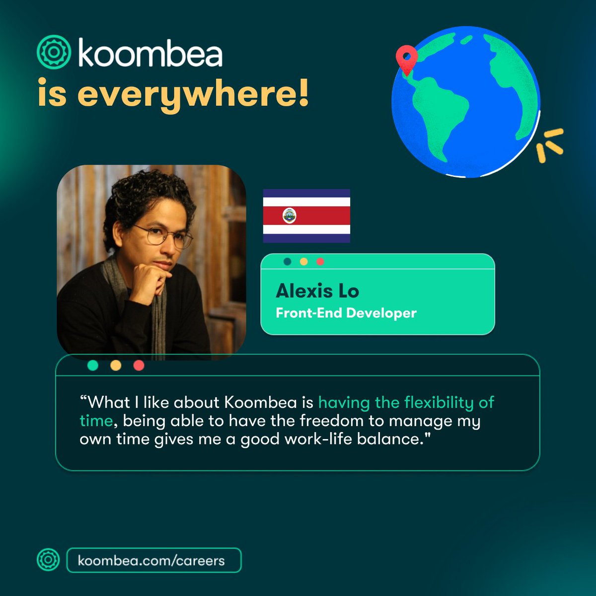 koombea's tweet photo. We are a team made up of technology-passionate people from all around the globe 🌎 Alexis, from #CostaRica, shared with us his highlights about working at #Koombea. 🙂

Want the opportunity of being part of a global team? Apply at https://t.co/gFqDnveqeC

#remotework https://t.co/L4aCHccIF8