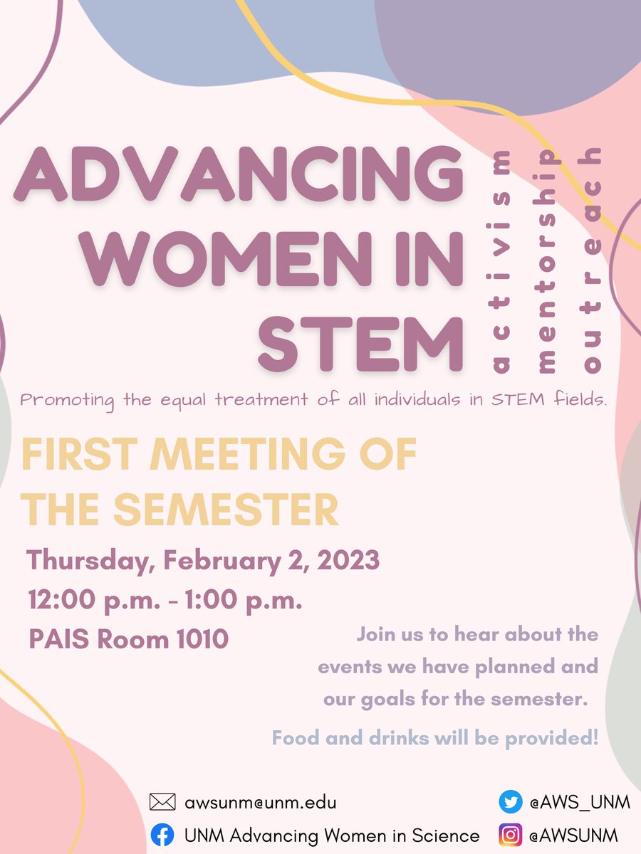 Hi all! We are having this semester's first meeting for Advancing Women in STEM from 12 - 1 p.m. on Thursday, February 2nd in PAIS Rm 1010. The goal is to get together to discuss events we have planned and our goals for this semester. Food and drinks will be provided!