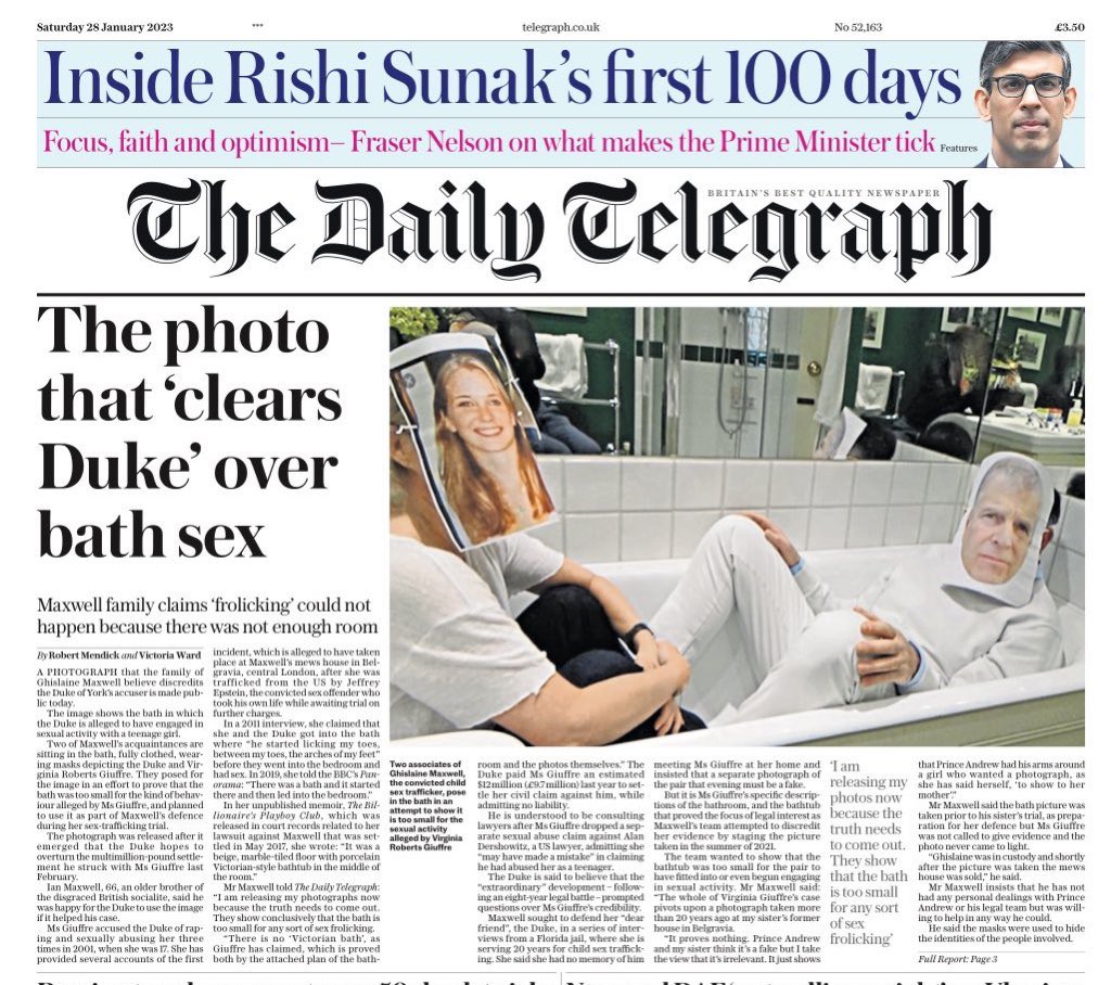 Nick_Pettigrew's tweet photo. Also, just for the record, the headline should read ‘bath rape’. She states she was raped three times by Prince Andrew and one occasion started in that bath. Rape isn’t sex. It’s rape. If you’re going to print the attempted refutal, print what they’re trying to refute. https://t.co/o0sSFT4XpU