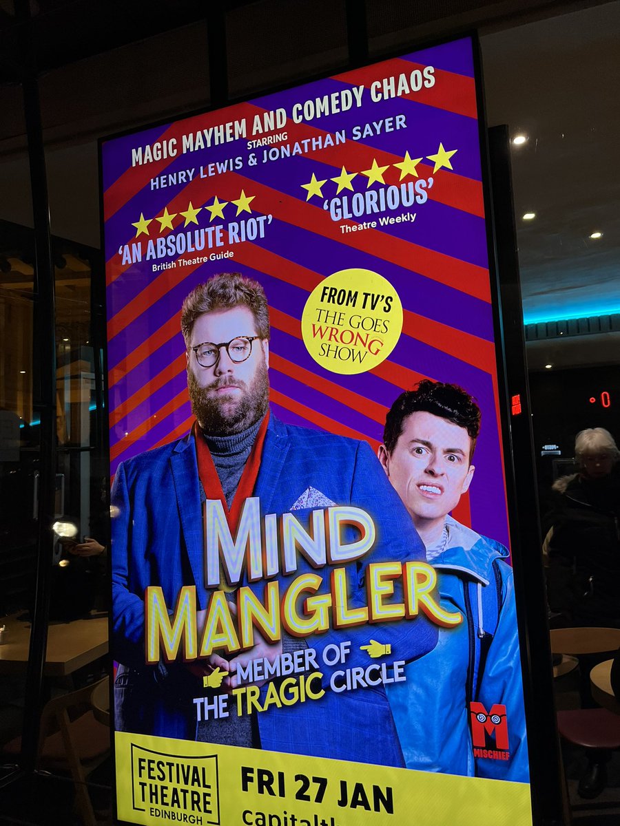 walker_fiona83's tweet photo. What a brilliant show by @mischiefcomedy So funny and it will Mangle your Mind (Mind… mind…. mind…)! Go see it if you can @henrywlewis @JonathanSayer1 https://t.co/niTqTvRvi5