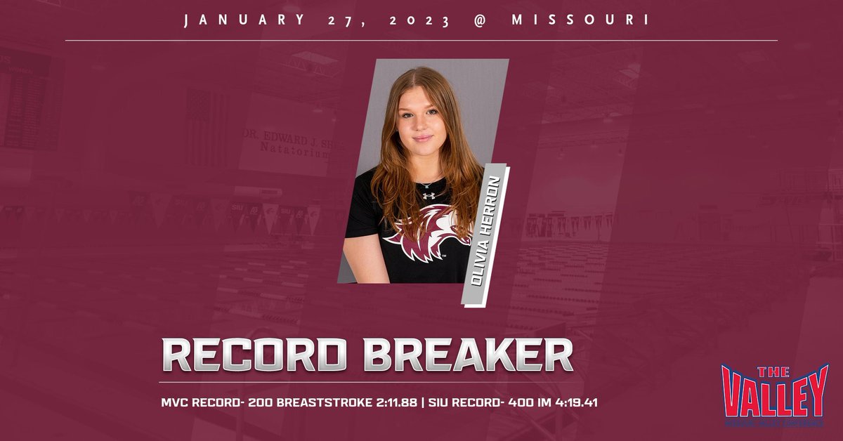 SIU_SwimDive's tweet photo. 𝐈𝐂𝐘𝐌𝐈 at Today’s meet at Missouri 𝐎𝐥𝐢𝐯𝐢𝐚 𝐇𝐞𝐫𝐫𝐨𝐧 broke the @MVCsports Record for the 200 Breaststroke with a time of 2:11.88. She also broke the SIU program record in the 400 IM swimming a time of 4:19.41! 

Enjoy the video of her MVC record breaking performance! https://t.co/mXENvoCUnp