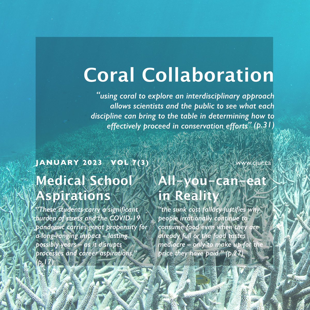 CJUR Volume 7 Issue 3 is out now!  Articles range from environmental and endocrine sciences to conservation and criminal justice, reflecting the huge breadth of undergraduate research happening across the country and beyond. Read more: cjur.ca/january-2023-v…

#AcademicTwitter