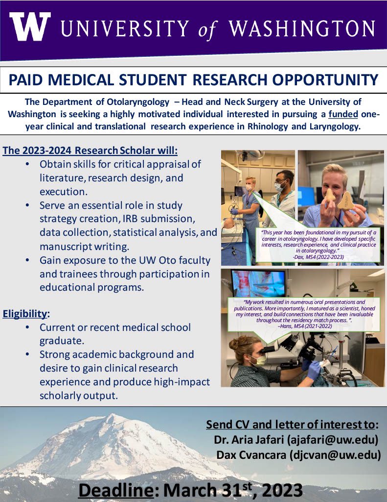 AriaJafariMD's tweet photo. Attention med students! We are recruiting a Research Scholar to join our group starting July 2023. Great (paid) opportunity to launch 🚀 your residency application, gain some research skills, and spend a year in Seattle! @_backtableENT @LifeofMedstudnt @headmirror_com https://t.co/5O1Fval6Vc