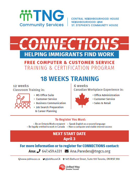 Connections 计划又回来了，正在招募参与者！ 提供 12 周的课堂培训和 6 周的工作经验； 查看传单了解更多信息！ 连接从 4 月 3 日开始！ 注册联系人：Ana.Paredes@tngcs.org 416-925-2103 x4280 #newcomers #Markham #RichmondHill #Toronto #downtowntoronto #torontochinatown #TOChinatown