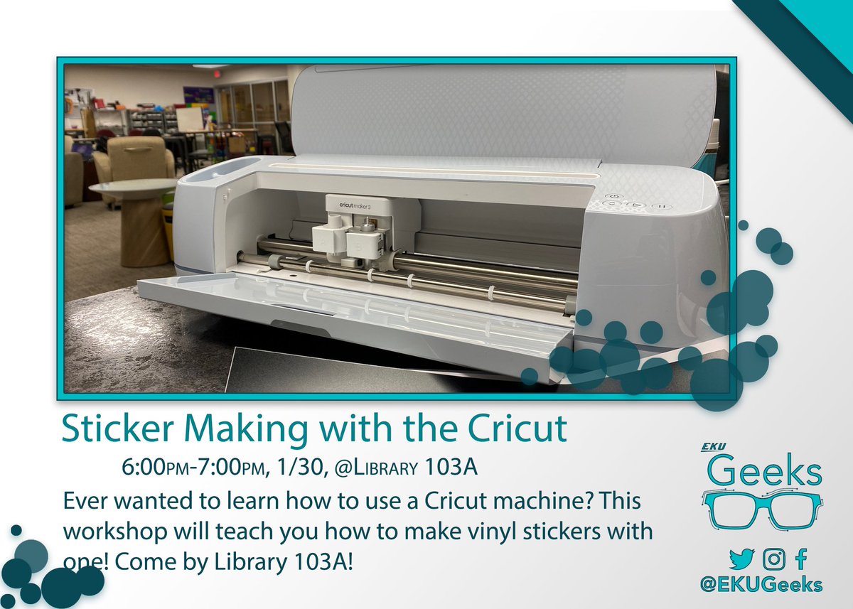 EKUGEEKS's tweet photo. Our next Maker Monday event is all about the Cricut! The Cricut is a versatile machine used for cutting and embossing many different materials. This Monday, we'll be using it to create vinyl stickers. Come on by on 1/30/23 at 6pm!
#geeks #makermonday #eku #ekugeeks https://t.co/YUtOC8T3x3