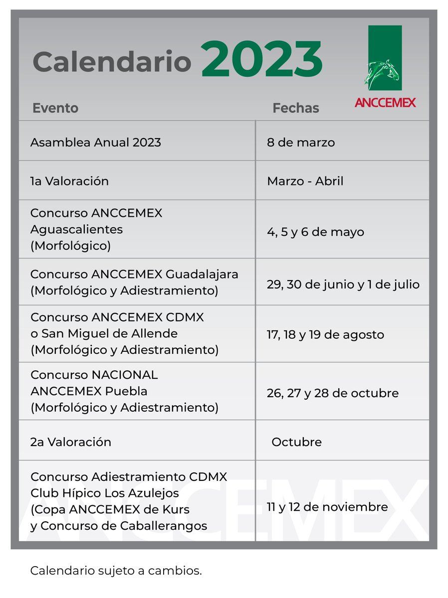 Amigos y socios de Anccemex,
Este es nuestro calendario de actividades para el 2023.
Confiamos en que muchos de ustedes tomarán nota de las fechas para inscribir a sus ejemplares en varios concursos.
#CaballosPRE #anccemex #ancce #caballosespañoles #caballopurarazaespañola