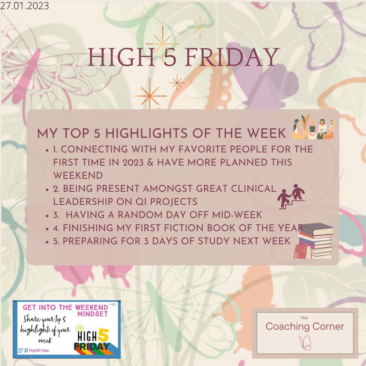 I nearly convinced myself not to do this because I’m feeling tired. I then reminded myself how #high5friday is 1). A healthy way to end the  week, 2). An opportunity to show gratitude & 3). Another way for me to show my appreciation to those around me. Have a lovely weekend