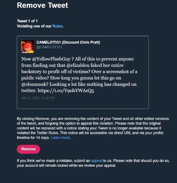 thatstarwarsgirl (@thatstarwarsgrl) on Twitter photo Holy shit <a href="/elizableu/">𝔈𝔩𝔦𝔷𝔞</a> strikes AGAIN!
1st <a href="/BrittanyVenti/">Follow @BrittanyXVenti</a> 2nd <a href="/TheQuartering/">TheQuartering</a> then <a href="/YellowFlashGuy/">Flash</a> &now she got <a href="/CAMELOT331/">CAMELOT331 (Discount Chris Pratt)</a>!
<a href="/elonmusk/">Elon Musk</a> you claimed to be for free speech yet you allow this woman to abuse @TwitterSafety & wrongfully flag people over sharing PUBLIC content. Its BS Holy shit <a href="/elizableu/">𝔈𝔩𝔦𝔷𝔞</a> strikes AGAIN!
1st <a href="/BrittanyVenti/">Follow @BrittanyXVenti</a> 2nd <a href="/TheQuartering/">TheQuartering</a> then <a href="/YellowFlashGuy/">Flash</a> &now she got <a href="/CAMELOT331/">CAMELOT331 (Discount Chris Pratt)</a>!
<a href="/elonmusk/">Elon Musk</a> you claimed to be for free speech yet you allow this woman to abuse @TwitterSafety & wrongfully flag people over sharing PUBLIC content. Its BS