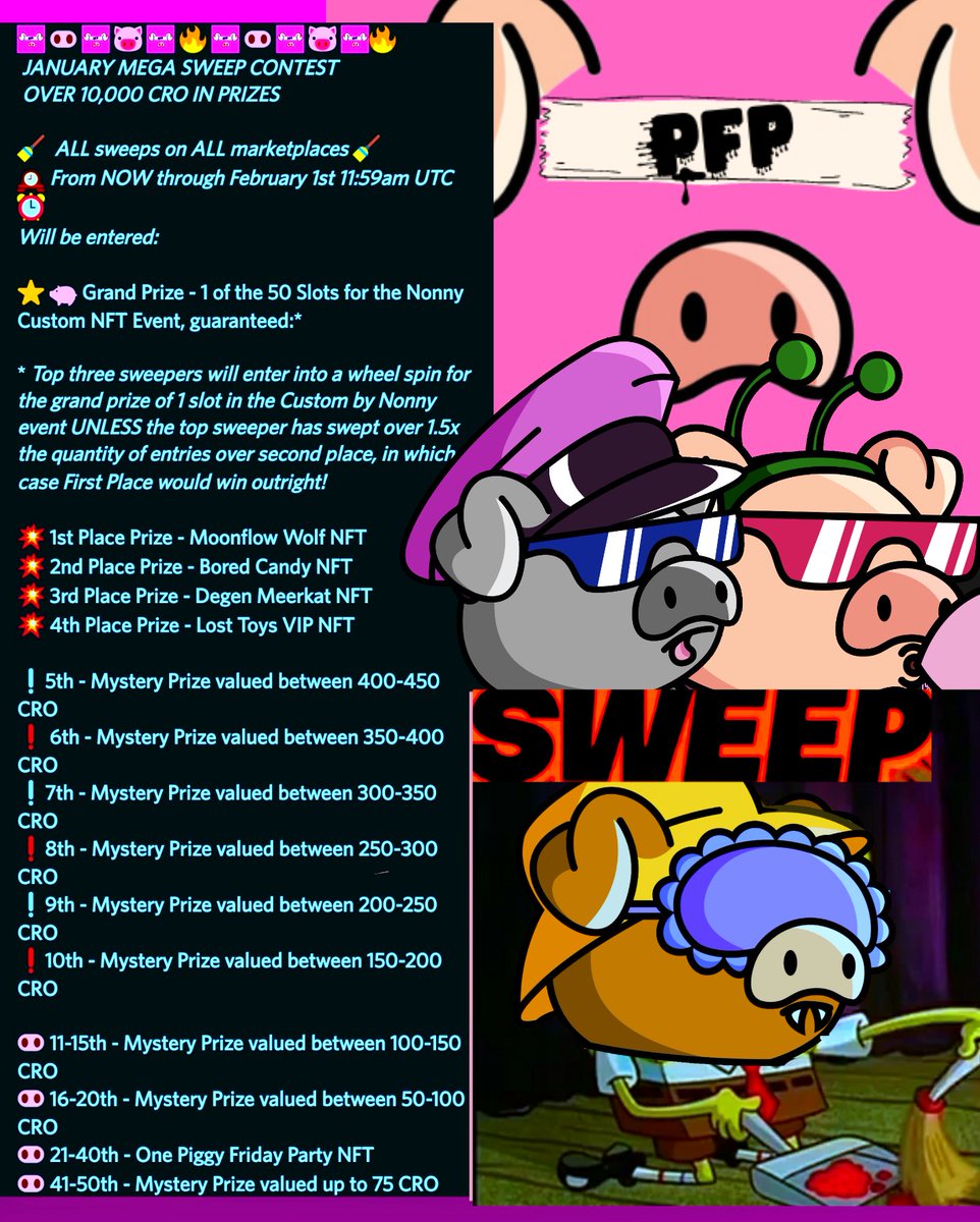 PiggyFridayClub's tweet photo. Just a few days left in our January MEGA Sweep Contest, top 50 are winners, grand prize custom by 
@Nonny_T ! 
If you haven't swept yet, hop on the leaderboard! Oink #Cronos $CRO 
♥️ +♻️ + tag #crofam #NFT https://t.co/3xpjKFXELo