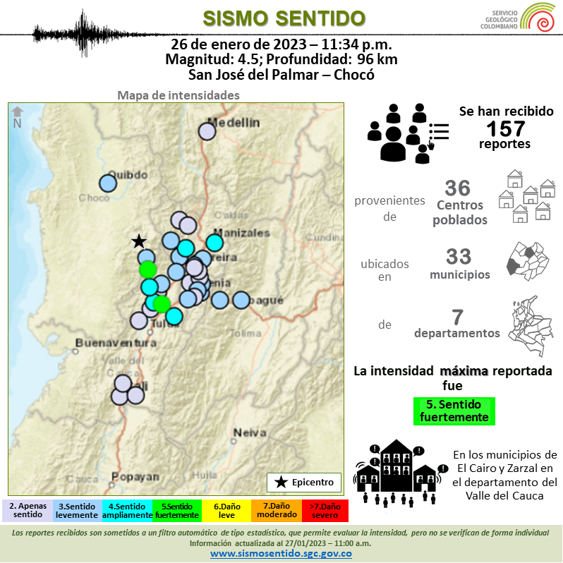 sgcol's tweet photo. #SGCSismoSentido. Sismo de anoche 26 de enero de 2023 a las 11:34 p.m. en San José del Palmar - Chocó, magnitud 4.5. Información obtenida gracias a reportes enviados por la comunidad. Mayor información para este sismo: https://t.co/VdPnQjnWfu https://t.co/4WcEGZUOxd