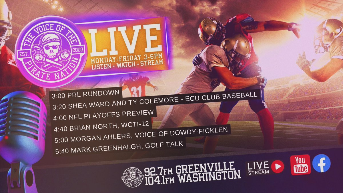PR927FM's tweet image. 🏴‍☠️Today On Pirate Radio LIVE 
3:00 PRL Rundown
3:20 @ECUClubBaseball 
4:00 NFL Playoffs @Cat_Chronicles 
4:40 @BrianNorth4 
5:00 @djcaptainmorgan 
5:40 @GolfShopGreeny 
LISTEN, STREAM, WATCH
⏰ 3-6pm M-F
📻 92.7FM, 104.1FM
💻 PR927FM.com
📺 youtube.com/c/pirateradiotv