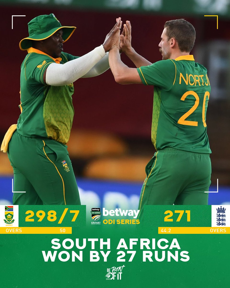 ProteasMenCSA's tweet photo. 🚨 RESULT | SOUTH AFRICA WON BY 27 RUNS

A remarkable fightback in the middle overs, led by Anrich Nortje (4/62) and Sisanda Magala (3/46), turned the match on its head after England came out firing with a 146-run opening stand

#SAvENG #BePartOfIt https://t.co/dEqIsxrfsa