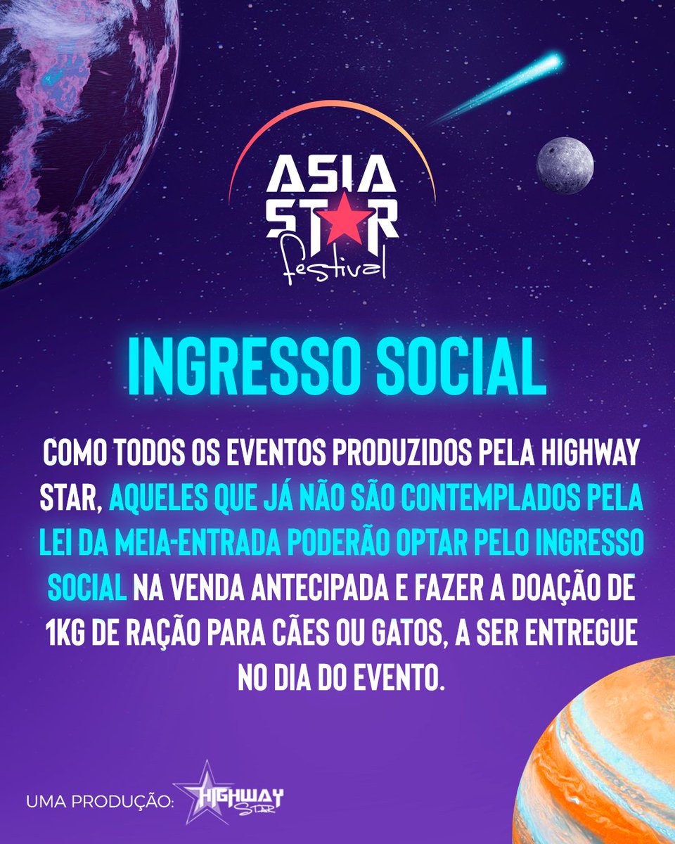 followhwstar's tweet photo. VAI TER INGRESSO SOCIAL SIM!

Você não paga mais inteira? Então cola com a gente no ingresso social!

Nele, você garante um grande desconto ao contribuir com a causa dos animais abandonados, e ainda assiste ao festival num preço bacana 😬

#AsiaStarFestival #ASFestival https://t.co/jycQmDTVue