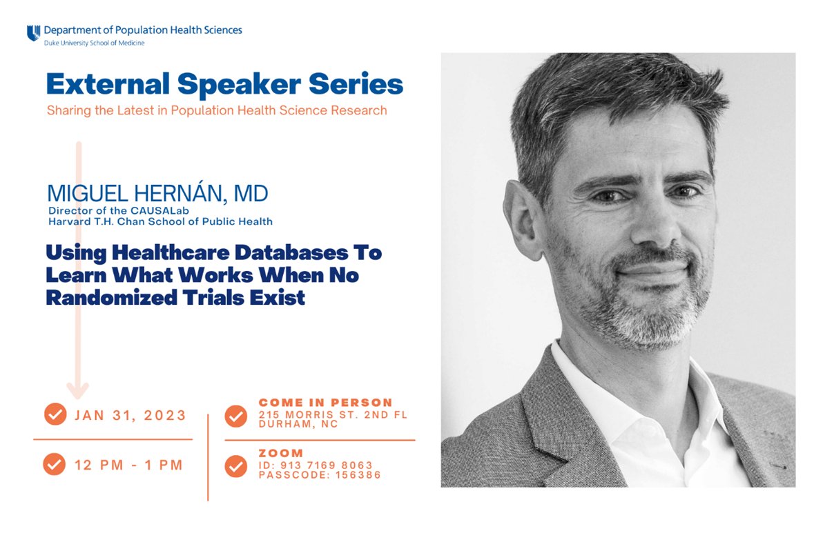 Duke Clinical Research Institute (@dcrinews) on Twitter photo Many observational studies fail because they don't properly emulate a target trial, not because of data limitations. Join <a href="/_MiguelHernan/">Miguel Hernán</a> on Jan. 31 as he explains how observational data can be used when randomized trials don't exist: duke.zoom.us/j/91371698063?… Many observational studies fail because they don't properly emulate a target trial, not because of data limitations. Join <a href="/_MiguelHernan/">Miguel Hernán</a> on Jan. 31 as he explains how observational data can be used when randomized trials don't exist: duke.zoom.us/j/91371698063?…