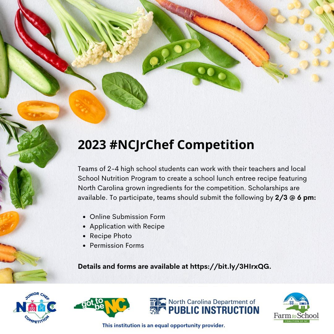 ncschoolmeals's tweet photo. One week until team applications and recipes are due (2/3) for the 2023 #NCJrChef Competition! High school students can work with their teachers and local School Nutrition Program to create a school lunch entree recipe. Learn more: https://t.co/YVqhHwxAK4 https://t.co/Taimx3F9Dj