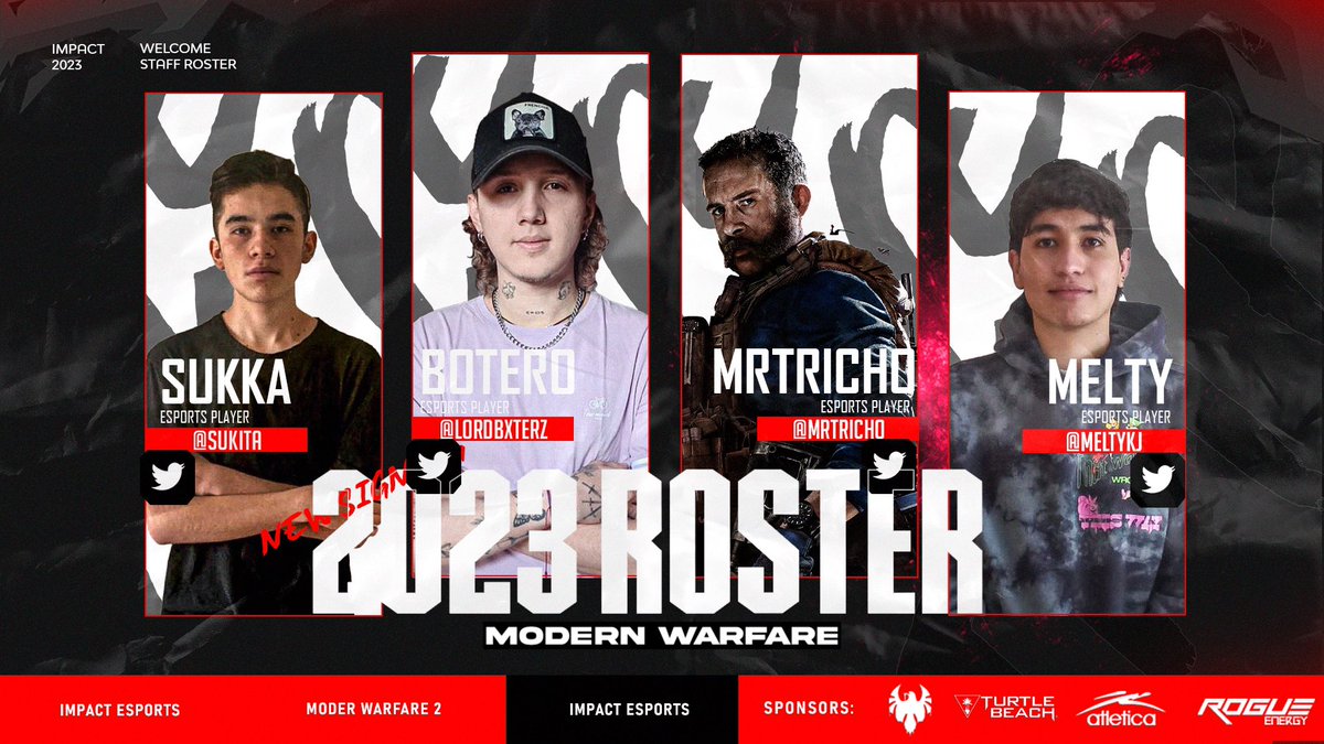 Queremos darle la bienvenida a nuestro nuevo roster de COD MWII que nos estará representando esta temporada 2023 en <a href="/LATChallengers/">#LATAMChallengers</a>.

🇨🇴@_Sukita_ 
🇨🇴<a href="/LordBxterz/">Botero</a> 
🇨🇴@NRNashee
🇨🇴@MeltyKJ 

#FeelTheImpacT