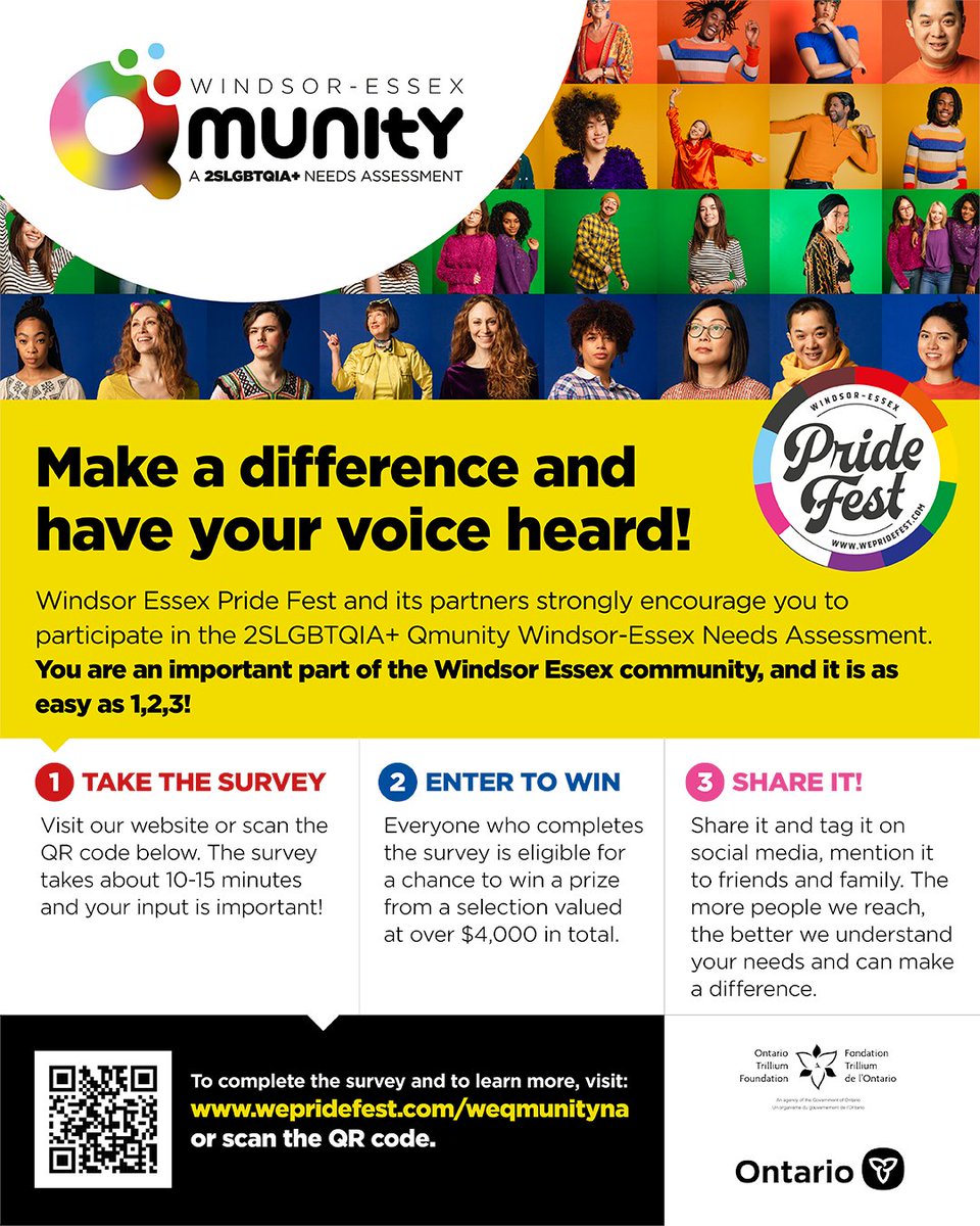 You are an important part of the 2SLGBTQIA+ community. Make your voice heard by taking the Qmunity Windsor-Essex Needs Assessment Survey. 100% anonymous and a chance to win prizes!
#wepridefest #weqmunityna
wepridefest.com/weqmunityna