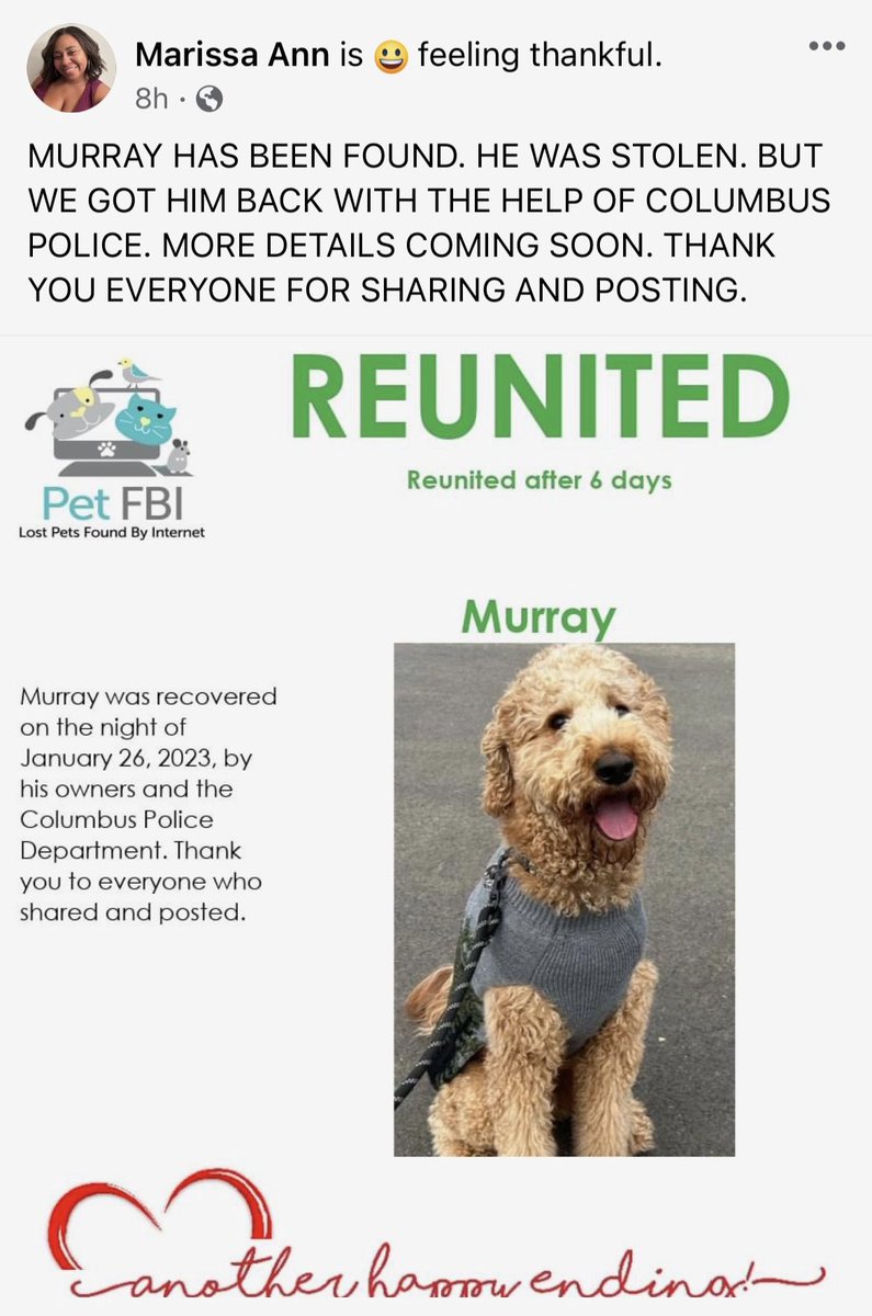 yolandaharrisTV's tweet photo. Yay!!! A wonderful ending for the formerly #missingmurray https://t.co/ddNFpp53Zm
