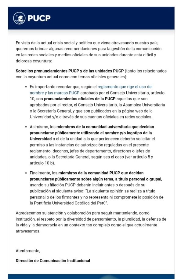 sigridbazan's tweet photo. ¡Qué vergüenza, autoridades de la @pucp! Parece más una amenaza a los estudiantes y un tremendo desentendimiento de la crisis que todo el país atraviesa. https://t.co/UCdahMAoBn