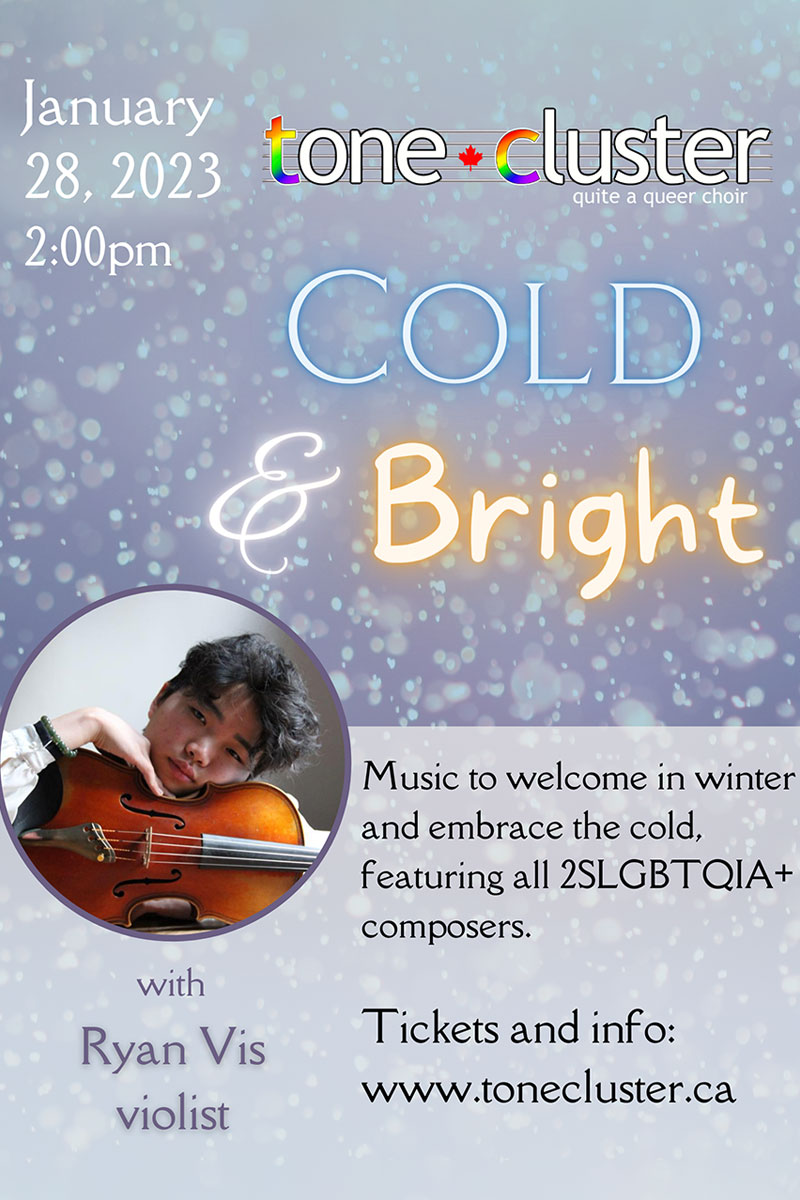 Tone Cluster—quite a queer choir (<a href="/Queerchorus/">Tone Cluster</a>) will perform its first concert of 2023, Cold &amp; Bright, on Saturday at First Baptist Church featuring all 2SLGBTQIA+ composers and a guest performance by violist Ryan Vis 🎻❄️ #ottmusic
🎫tonecluster.ticketsplease.ca/product/cold-b…