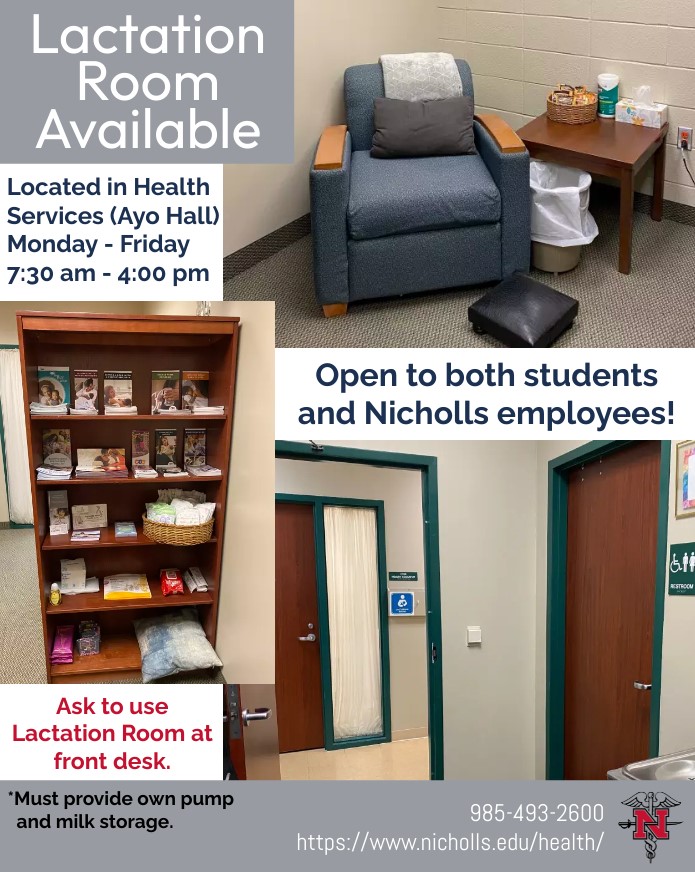 nicholls_uhs's tweet photo. University Health Services has a lactation room and resource shelf available to both Nicholls students &amp; employees!  Just ask to use the room at the front desk of UHS.*

*The room is provided on a first-come, first served basis.

Click below for more info:
https://t.co/Dt22jZRMnR https://t.co/bybR0I0sj2