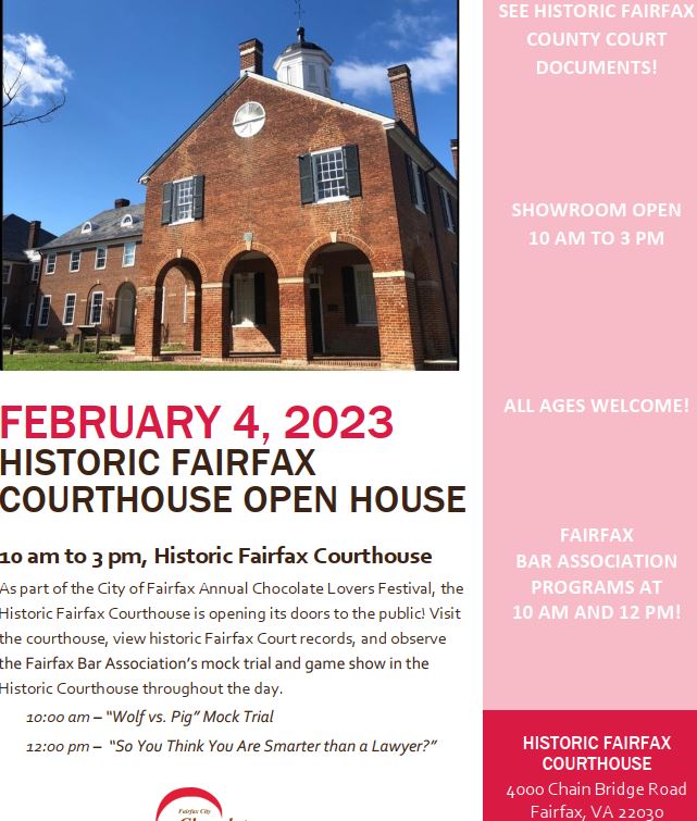 ffxcircuitcourt's tweet photo. Bring the KIDS! 2/4, our FBA is hosting a FUN Mock Trial &amp; GameShow at the 1799 Courthouse, as part of the City's Chocolate Lovers' Festival. We'll also have some neat, historic records on display in our Showroom from 10am-3pm that day! https://t.co/JUmYAKuoSh