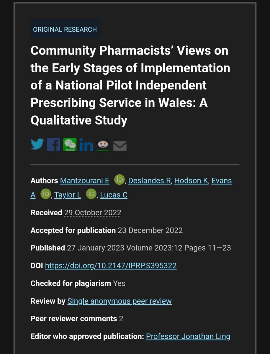 Community Pharmacists’ Views on the Early Stages of Implementation of a National Pilot Independent Prescribing Service in Wales: A Qualitative Study, by @efi_mantz et al

dovepress.com/community-phar…