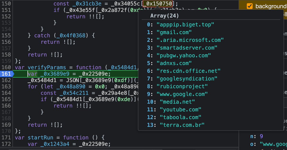 ConfiantIntel's tweet photo. The extension monitors this list of domains in order to steal user credentials, sessions or hijack the transmitted data between the victims and the monitored domains. 
The extension exchanges the stolen data encrypted, with a C2 server -> mudg4rzhrmbjdcg0.ads798ad[.]top https://t.co/mc19ybKjQW