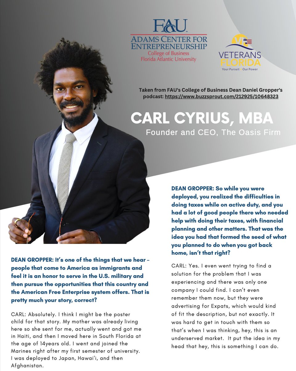 Carl Cyrius, Founder &amp; CEO of The Oasis Firm started right here Veterans Florida Entrepreneurship Program at FAU &amp; was provided guidance to be able to turn his idea into his own business.
Sign up here, spots are still available for our free 8-week program!
forms.gle/Ye7Q8j9LdcVTxR…