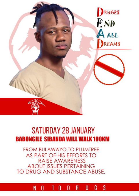 NewsPlumtree's tweet photo. Plumtree Artist Babongile Sibanda is doing a 100km walk from Bulawayo to Plumtree to raise Drug awareness https://t.co/gK09jYZRJ9
