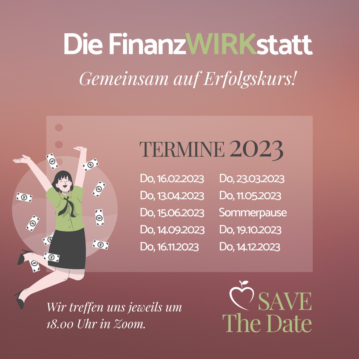 WÜNSCHST DU DIR MEHR GELD IN DEINEM LEBEN?
Dann komme am Donnerstag, den 16.02.2023, um 18.00 Uhr in meine FinanzWIRKstatt.

Zur Anmeldung: claudiabehringer34338.activehosted.com/f/31
