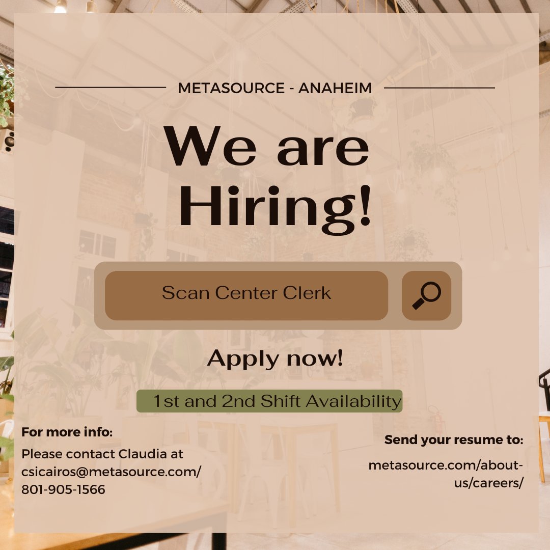 AWConnection's tweet image. METASOURCE is Hiring! Scan Center Clerk positions. Several job openings! See flyer attached for more details.

#AWConnection #jobs #MetaSource