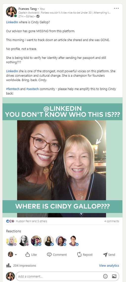 .<a href="/lafrancesdances/">Frances Tang</a> emailed to say she'd gone to my profile, and it had disappeared.  As someone who raves about <a href="/LinkedIn/">LinkedIn</a> to everyone, I'm extremely upset about this. Please do me a favor - please comment on and share Frances' post, link is here: linkedin.com/posts/francest…