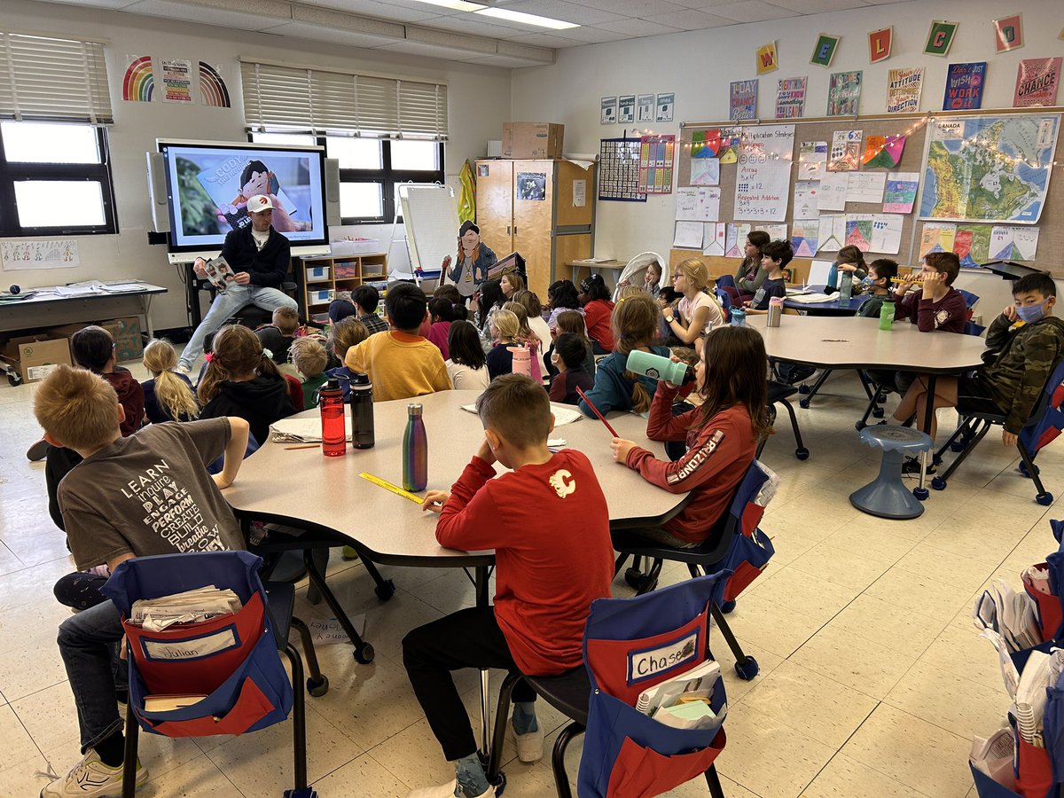 SASCBE's tweet image. Thank you JD from @CJAY92 for coming to @SASCBE to read Cody the Roadie to our grade 3/4 classes! We purchased some books which help support those in need. @DClovis