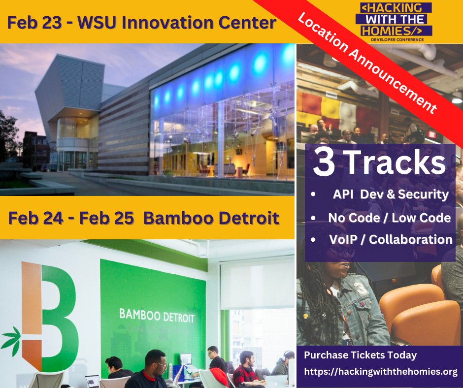 DetroitBlackTe2's tweet image. We are happy to announce the locations for the 3rd annual HWTHDC .    You can purchase tickets at hackingwiththehomies.org.  In-person tickets are going fast.  The ticket prices go up on Feb 1st.  Purchase your ticket today!