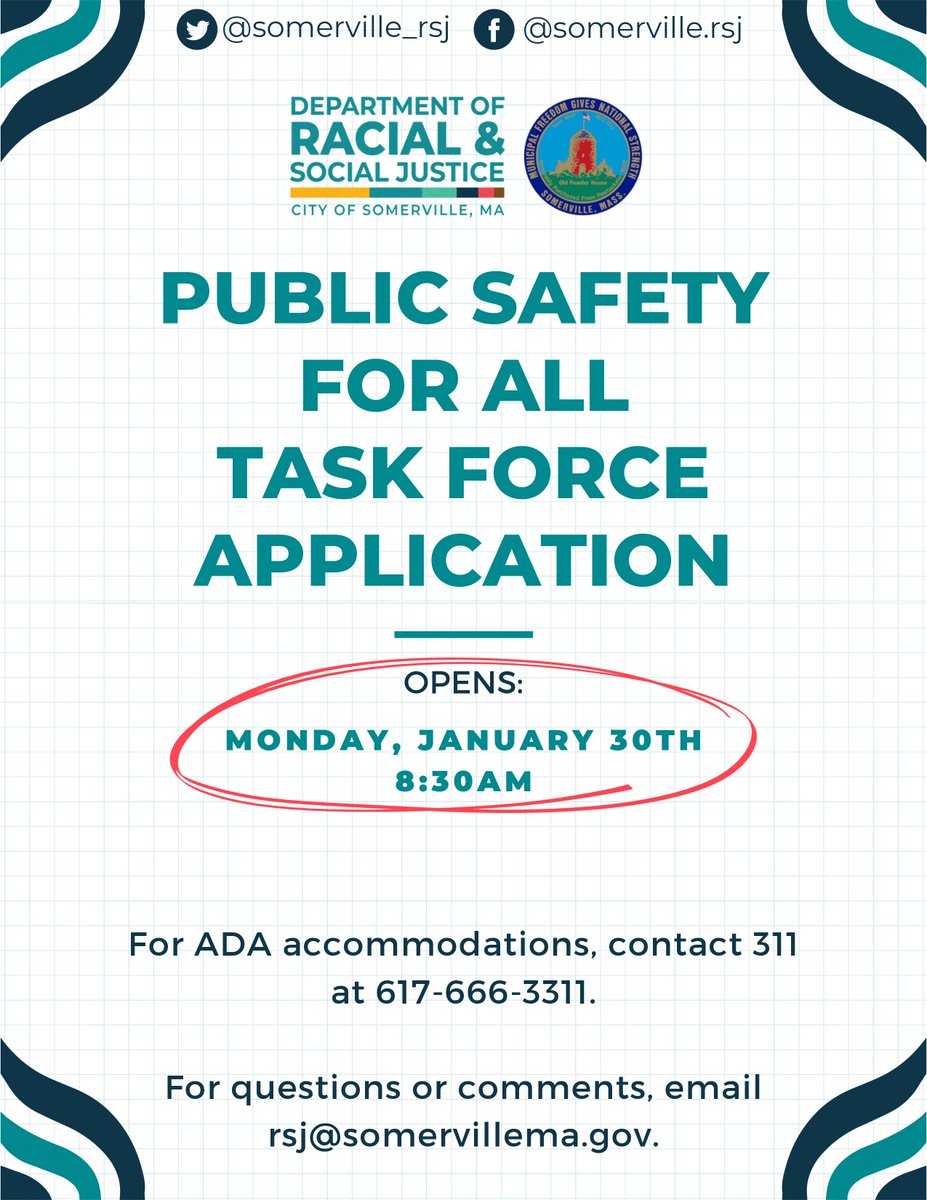 Somerville Department of Racial and Social Justice (@somerville_rsj) on Twitter photo RSJ and <a href="/SomervilleCity/">City of Somerville</a> are pleased to announce that starting Monday, January 30, community members will be able to apply for open seats on the Public Safety for All Task Force.
More details, deadlines, and information on how to apply will be shared next week.
#somerpoli RSJ and <a href="/SomervilleCity/">City of Somerville</a> are pleased to announce that starting Monday, January 30, community members will be able to apply for open seats on the Public Safety for All Task Force.
More details, deadlines, and information on how to apply will be shared next week.
#somerpoli