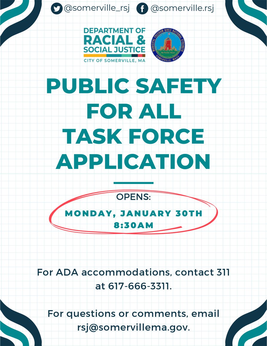 RSJ and @SomervilleCity are pleased to announce that starting Monday, January 30, community members will be able to apply for open seats on the Public Safety for All Task Force.

More details, deadlines, and information on how to apply will be shared next week.
#somerpoli