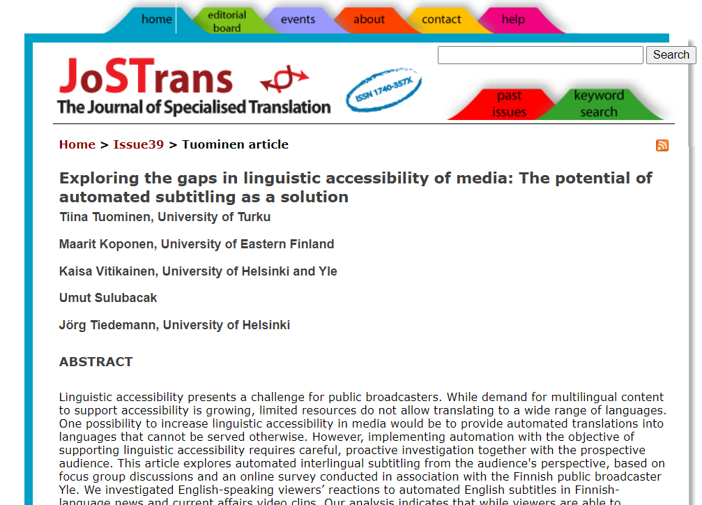 JostransT's tweet photo. JoSTrans 39, Jan. 2023
Paper by Tiina Tuominen, Maarit Koponen, Kaisa Vitikainen, Umut Sulubacak, Jörg Tiedemann
Exploring the gaps in linguistic accessibility of media: The potential of automated subtitling as a solution

https://t.co/VLVN7HAfDD https://t.co/g8x0GZ29od