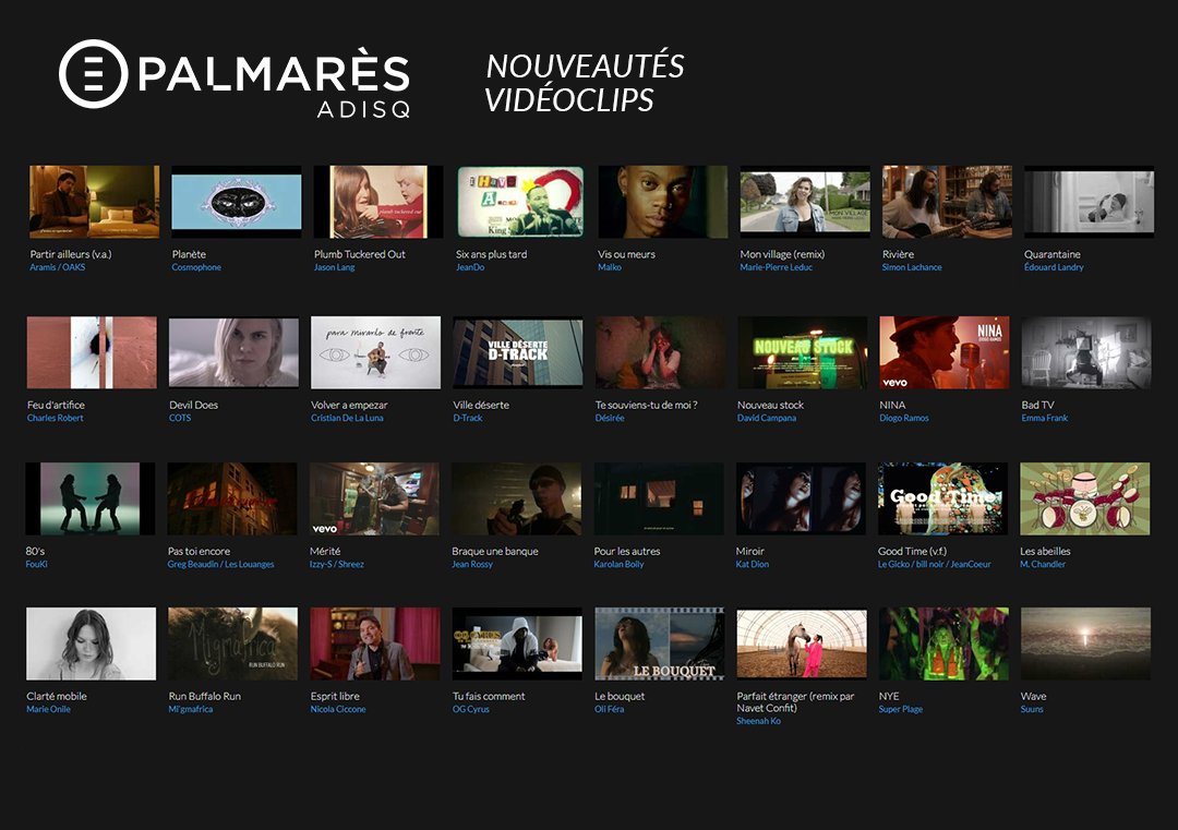 Nouveautés vidéos sur #PalmarèsADISQ ➡️ palmaresadisq.ca/fr/

Découvrez les nouveaux clips de 
<a href="/nicolaciccone/">Nicola Ciccone</a>, <a href="/FouKiZay/">FouKi 🌿</a>, <a href="/MarieOnile/">Marie Onile</a> et plus encore😍