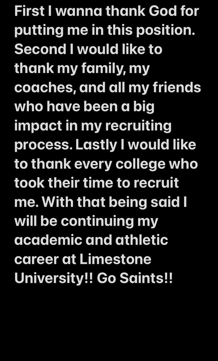 I am 110% committed to Limestone University!! GO SAINTS⚜️!!! <a href="/train0187/">TRAINBUILT PERFORMANCE</a> <a href="/GregPort17/">Greg Porter</a> <a href="/LaneKnost/">Coach Lane Knost</a>  <a href="/coachfurrey/">Mike Furrey</a> <a href="/CoachJKos/">Jake Kostner</a>