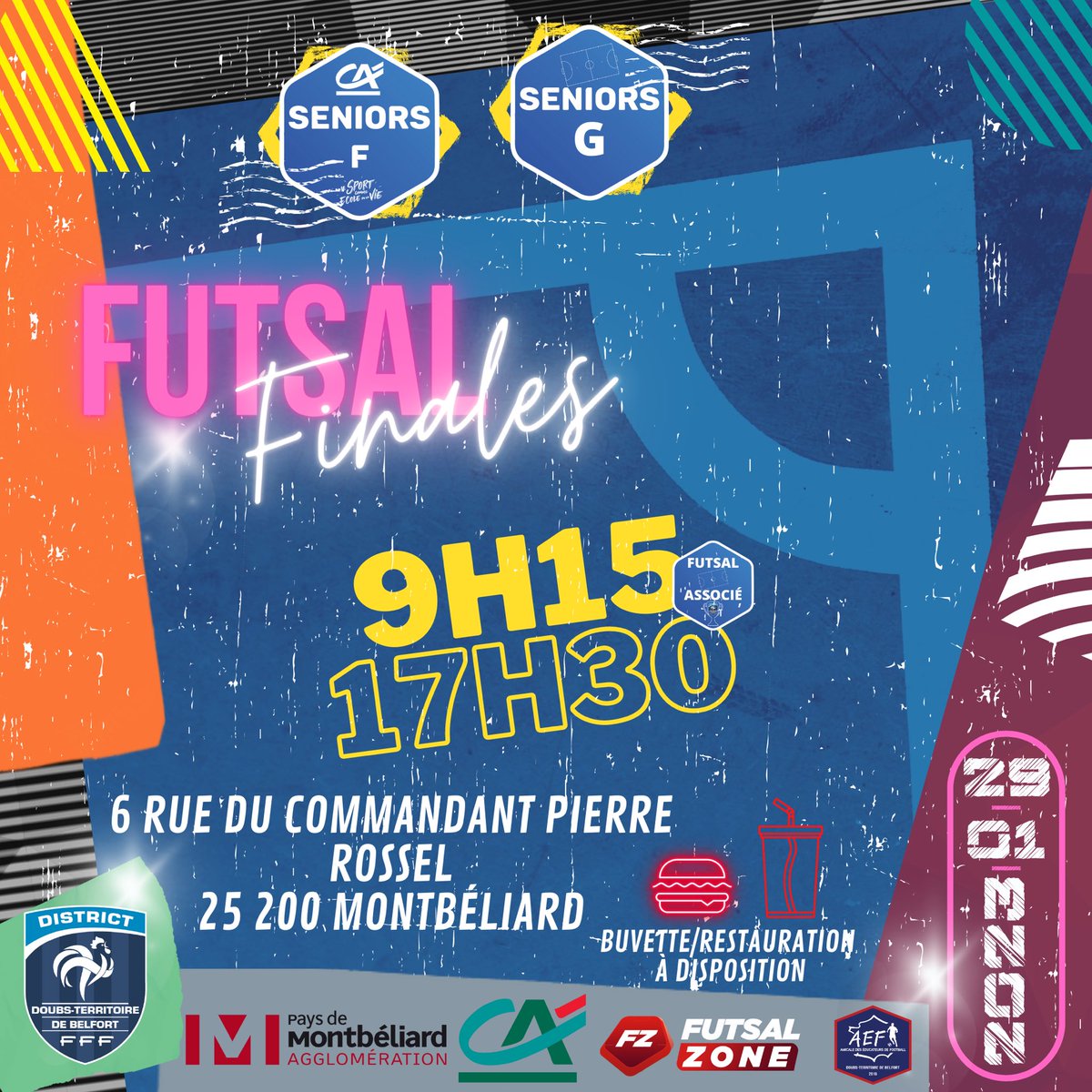 District de Football Doubs-Territoire de Belfort (@districtfootdtb) on Twitter photo | FINALES FUTSAL | U13F / U15F / U18F / SENIORS F ET G🏆
Après plus de 2 mois de compétition, <a href="/villedebesancon/">Ville de Besançon</a> et <a href="/AxoneMontbe25/">Axone Montbeliard</a> accueilleront nos 5 finales
🗓️ DIMANCHE 29 JANVIER
Buvette/Restauration sur place
Remerciements à ⤵️
<a href="/CreditAgricole/">Crédit Agricole</a>
<a href="/futsalzoneTV/">Futsalzone.tv</a> | FINALES FUTSAL | U13F / U15F / U18F / SENIORS F ET G🏆
Après plus de 2 mois de compétition, <a href="/villedebesancon/">Ville de Besançon</a> et <a href="/AxoneMontbe25/">Axone Montbeliard</a> accueilleront nos 5 finales
🗓️ DIMANCHE 29 JANVIER
Buvette/Restauration sur place
Remerciements à ⤵️
<a href="/CreditAgricole/">Crédit Agricole</a>
<a href="/futsalzoneTV/">Futsalzone.tv</a>