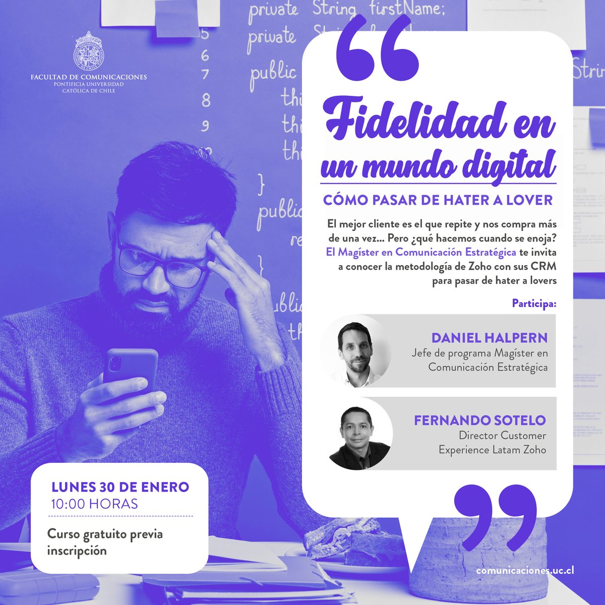 fcomuc's tweet photo. ¿Cómo transformamos clientes que nos odian en consumidores fidelizados? Escuchando lo que nos quieren decir y contestando lo que necesitan escuchar. El Magíster en Comunicación Estratégica te invita este lunes a las 10:00 a conocer más del tema.
Inscríbete https://t.co/1rlNCHltwL https://t.co/3goBR4hEMI