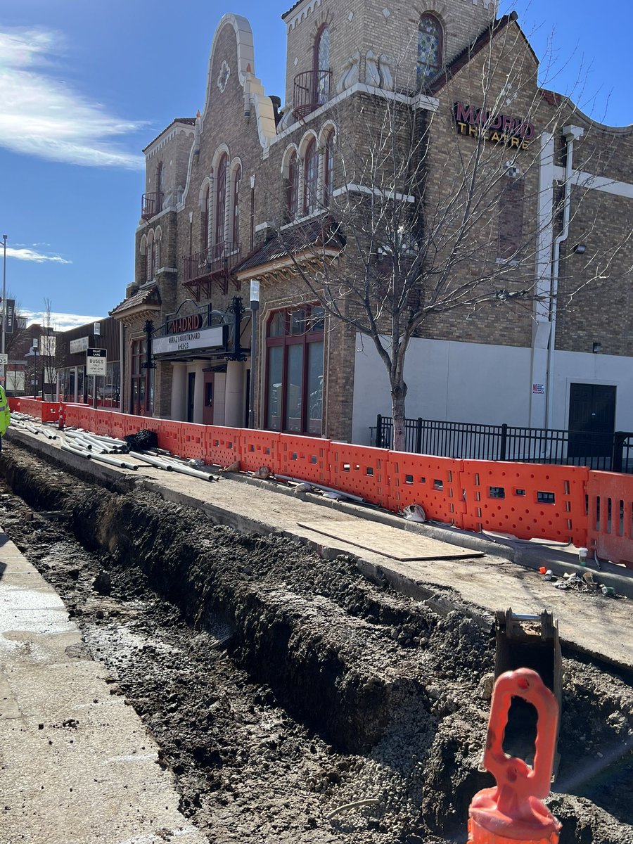 TomGerend's tweet photo. #kcstreetcar trackway construction for Main Street Extension now passing @MadridTheatre, just south of 38th St.
#beforepic #RideIn2025 @BuildKCSC https://t.co/0v1XmnCfIg