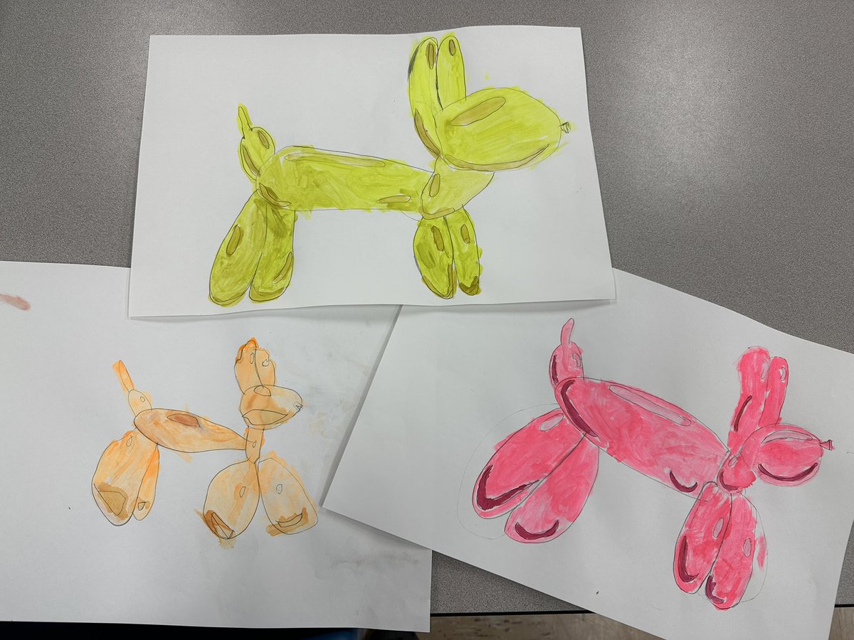 Learning about @JeffKoons with 1st grade! We will cut these out and make confetti backgrounds next week. Surprised my students with a random hidden talent I have and they all got a balloon dog today too! @BCSDTowslee @BrunswickCSD #balloondog #jeffkoons #contemporaryart #funart