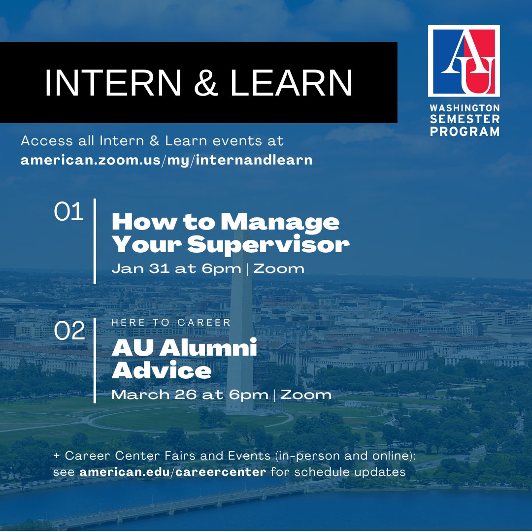 AU_WSP's tweet photo. ❗Spring 2023 WSP Students❗Mark your calendars for upcoming Intern &amp; Learn events!

On January 31 we will be discussing how to manage your supervisor. In March you will have the opportunity to meet with AU alumni.

Email internandlearn@american.edu with any questions! https://t.co/yw1KAEZF0R