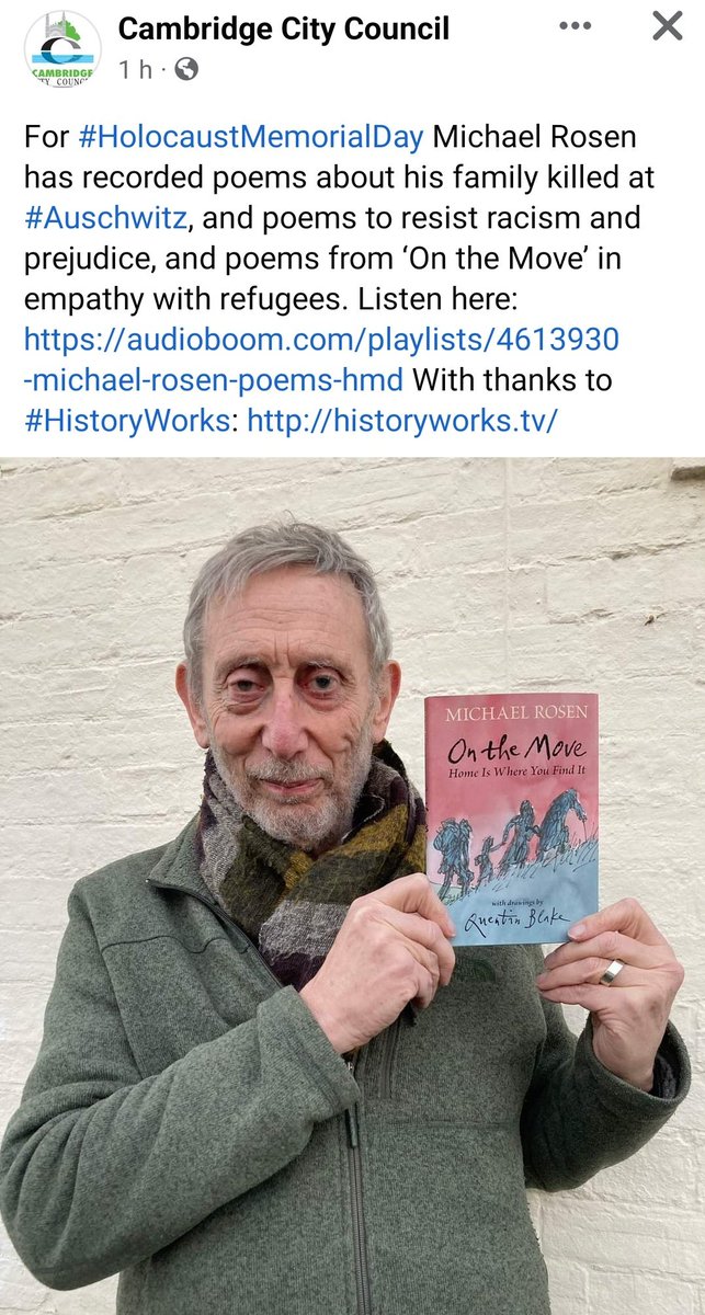 For #HolocaustMemorialDay    Michael Rosen has recorded poems about his family killed at #Auschwitz, and poems to resist racism and prejudice, and poems from ‘On the Move’ in empathy with refugees. Listen here: audioboom.com/playlists/4613… With thanks to #HistoryWorks: