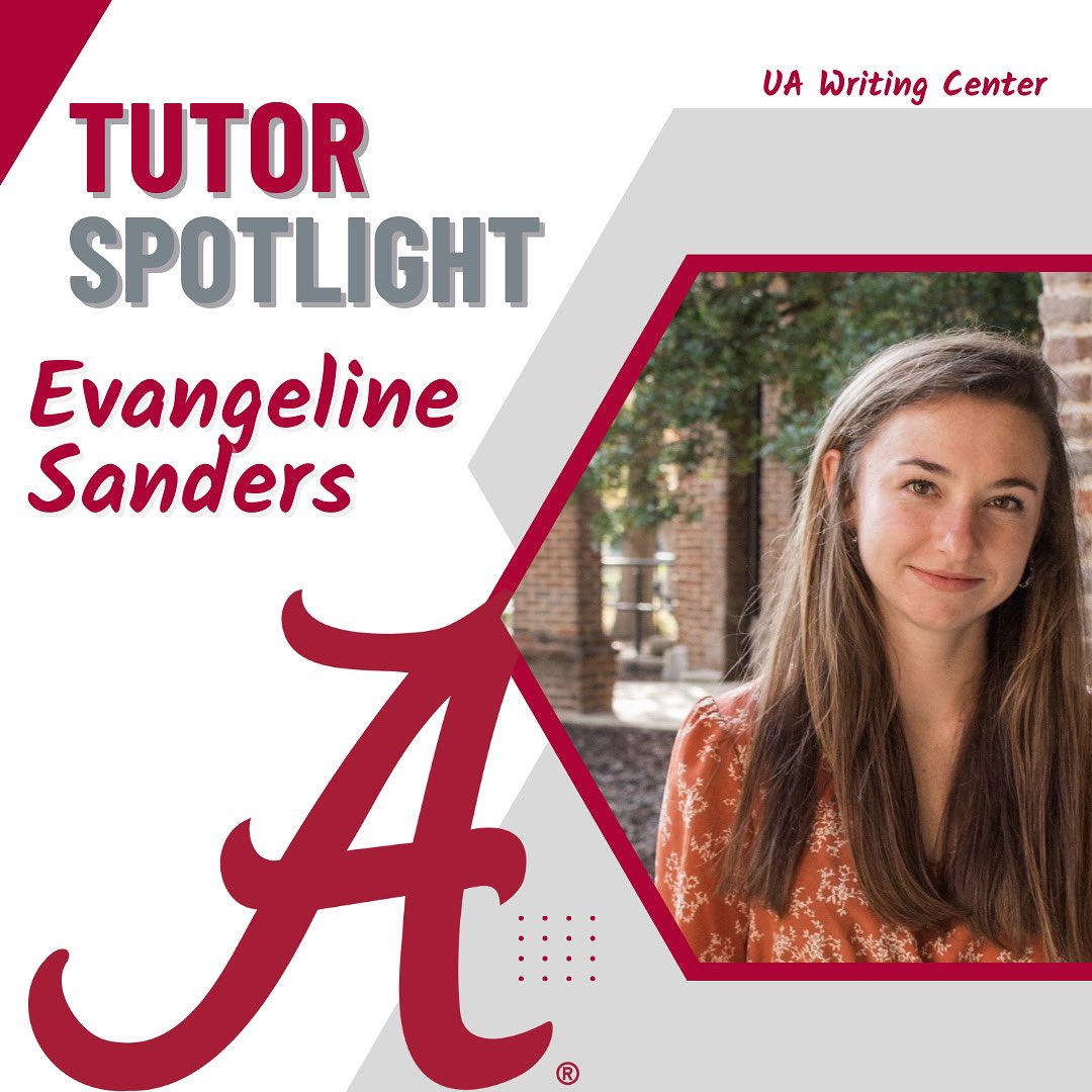 UAWritingCenter's tweet photo. ✨Tutor Spotlight Friday✨

🤩 Happy Friday! 🤩 Today we are spotlighting our wonderful tutor Evangeline Sanders, who is a first year MFA student studying creative writing! Evangeline is from Charleston, SC! https://t.co/ojtFxJanwE