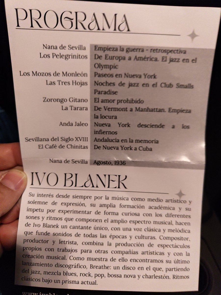 <a href="/Maria_Villalon/">María Villalón</a> Hola.  No se si conoces a <a href="/Ivoblanek/">IVO BLANEK</a> y su concierto teatralizado de Lorca. La música andaluza viaja a Nueva York. Música , pasión y sentimientos que llenan el corazón y ritmo con jazz , swing. Algo mágico