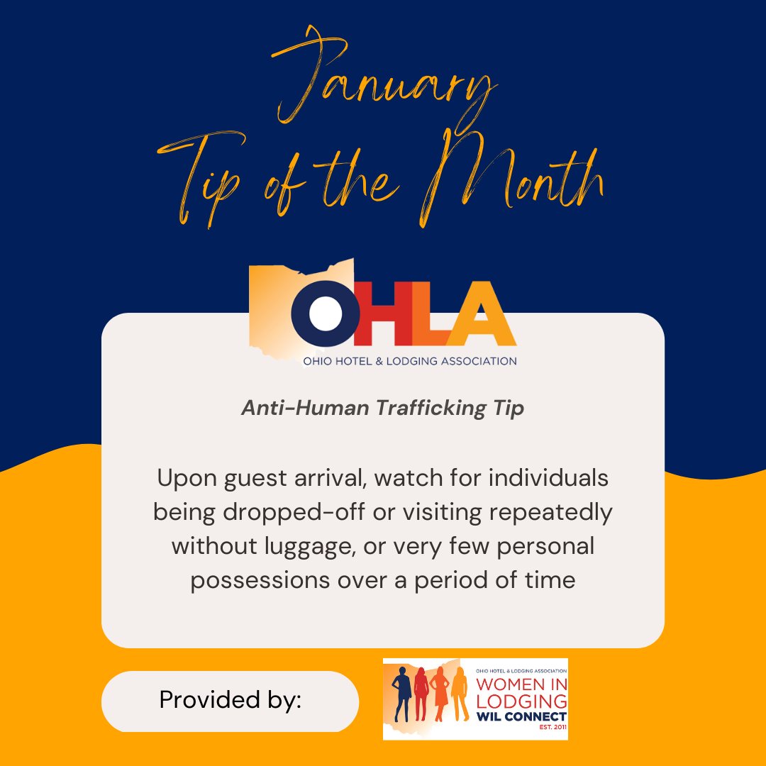 Our tip of the month is dedicated to helping employees in the travel industry identify potential human trafficking and stop it at the source.

#ohiolodging #hotels #antitrafficking